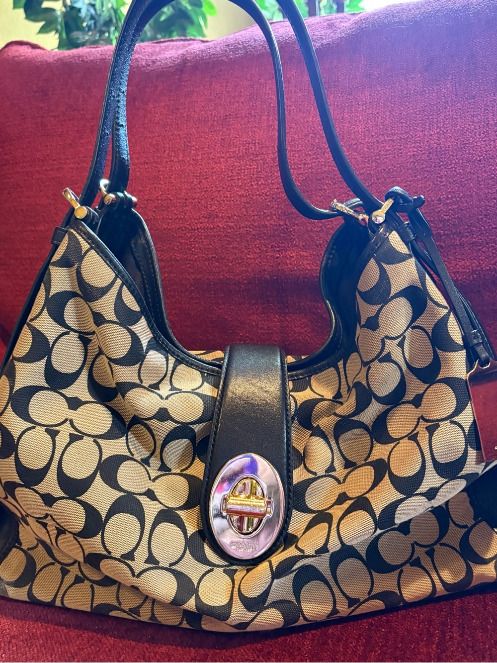 Coach Beige and Black Signature Canvas Shoulder Bag